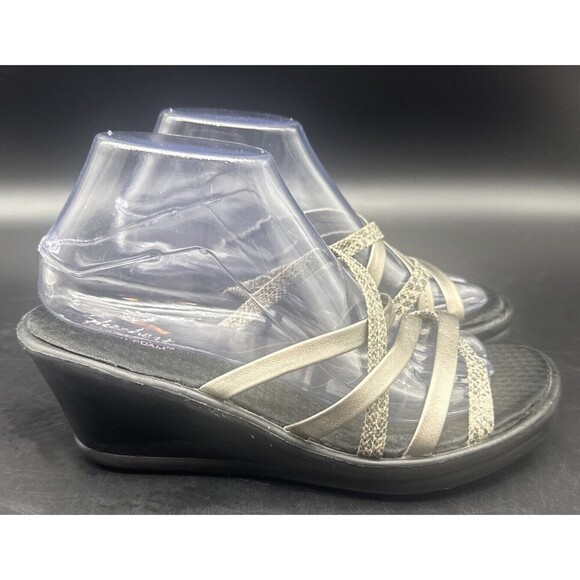 Skechers Women’s Open Toe Slip-on Strappy Wedge BLACK SILVER Sandal Heels Sz 9 - Picture 2 of 16